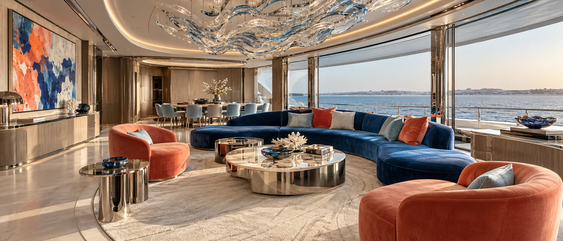Panoramic yacht salon with curved glazing and open seating