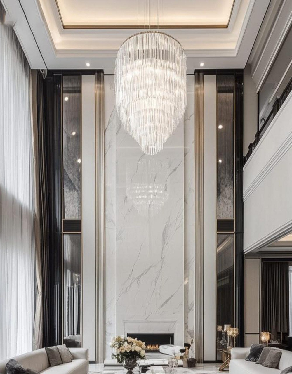 Reference image of a full-height bookmatched white marble feature wall