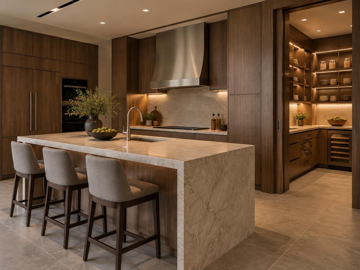 Completed fitted kitchen with integrated appliances, island and pantry storage
