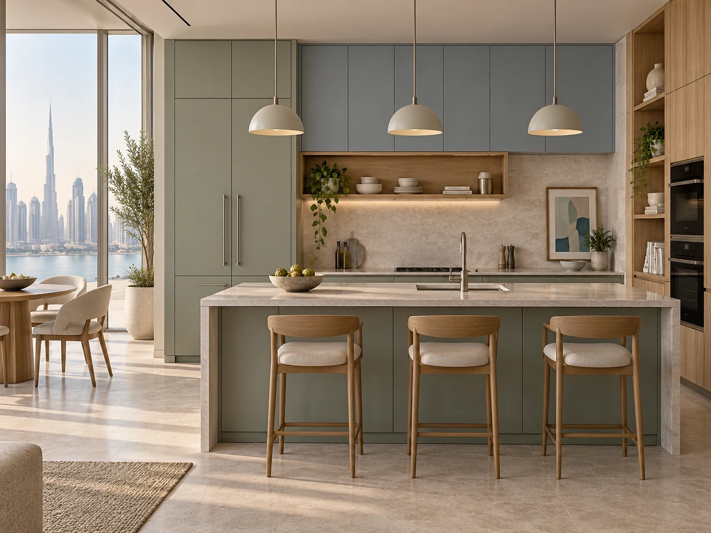 Soft mineral-colour kitchen design direction with oak joinery and pale stone