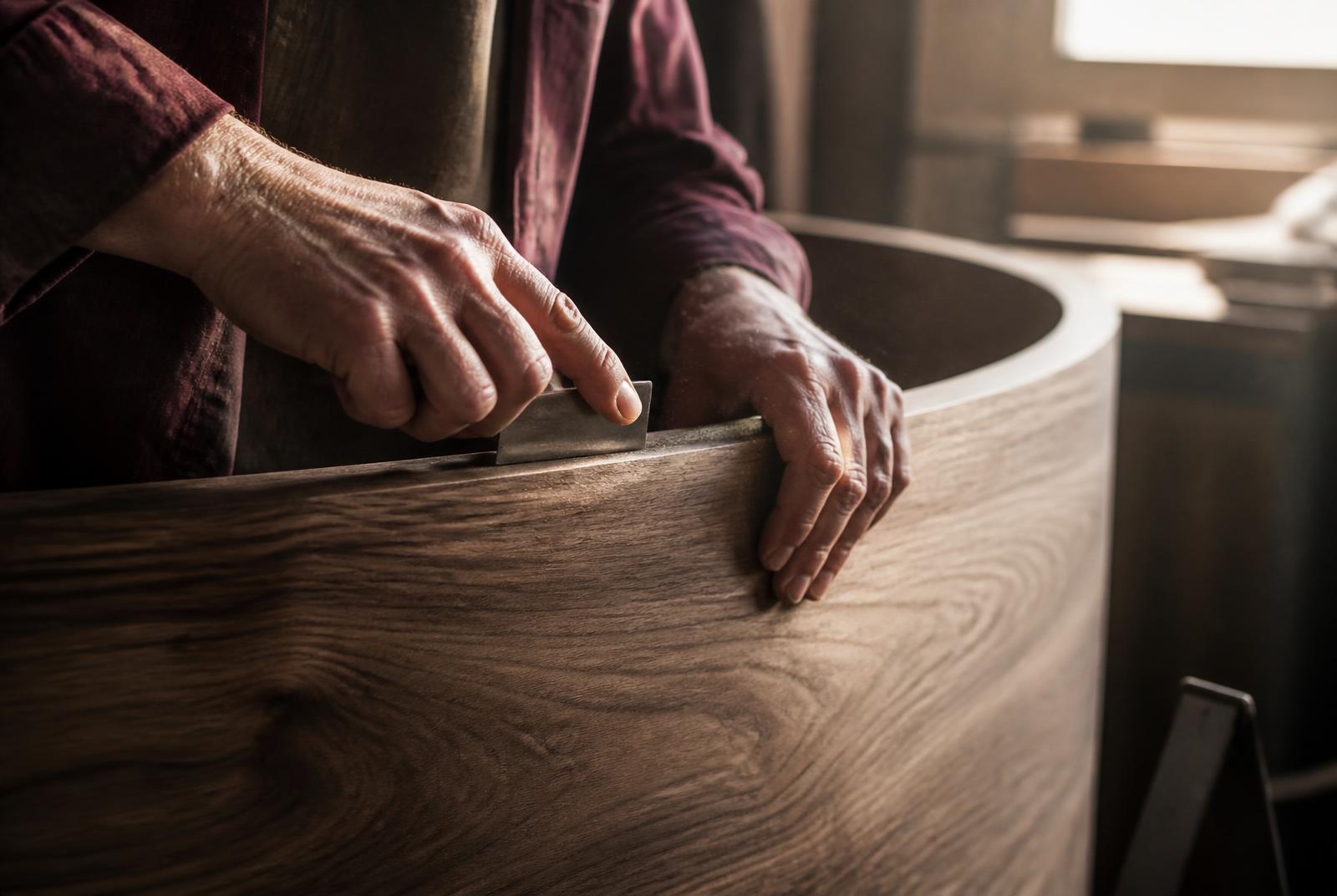 Craftsman hand-finishing a curved walnut panel with a cabinet scraper