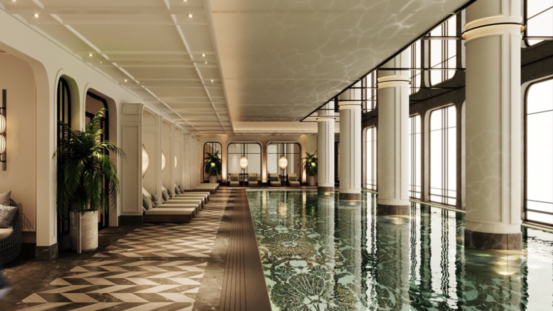 Residents' pool and amenity terrace within a branded residential tower in Hanoi