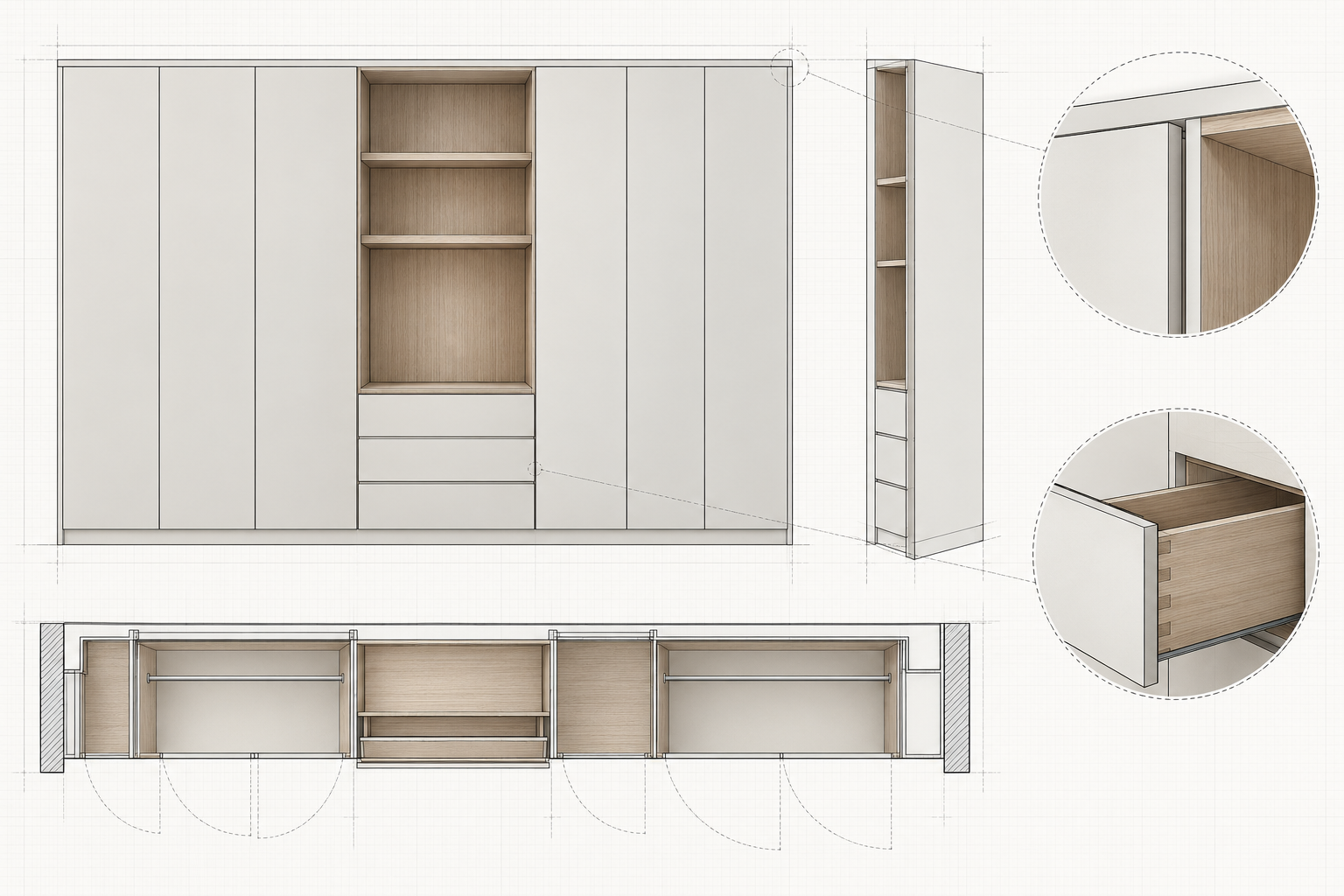 Conceptual wardrobe elevation, storage layout and joinery detail studies