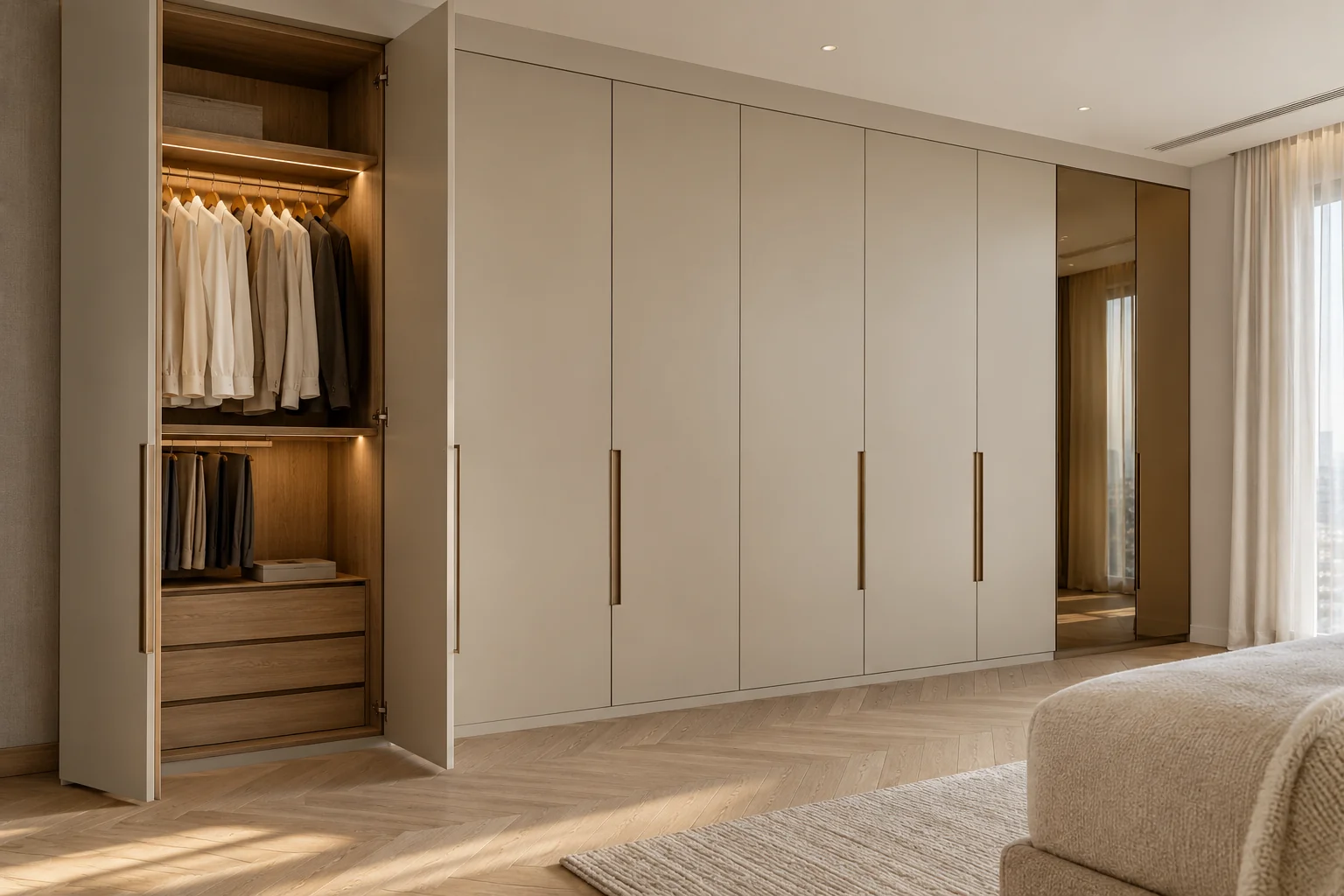 Greige fitted wardrobe doors extending to the bedroom ceiling
