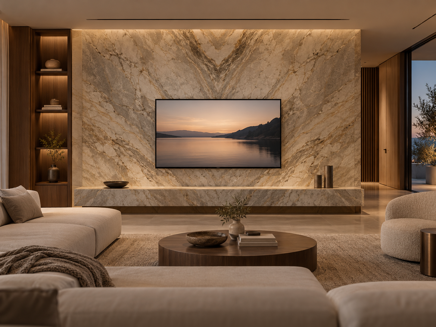 Bookmatched marble media wall with a flush screen, lit veining and concealed low storage