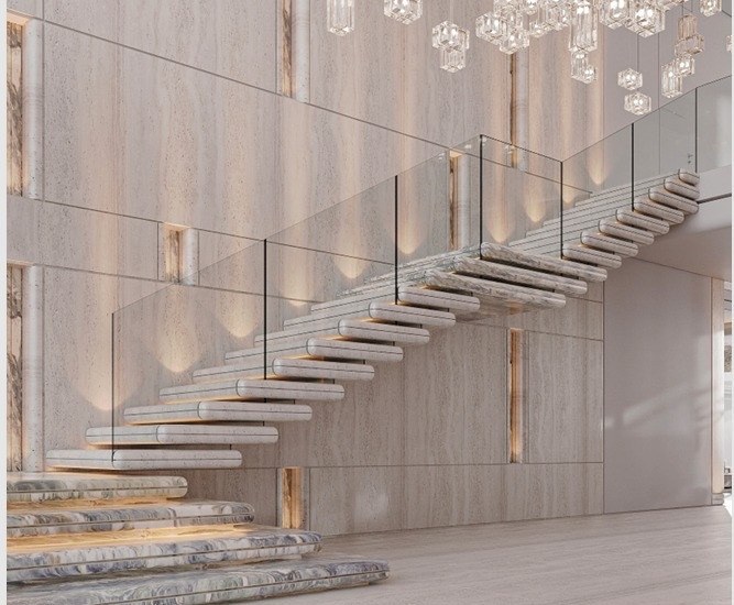 Reference image of a cantilevered stone stair with glass balustrade