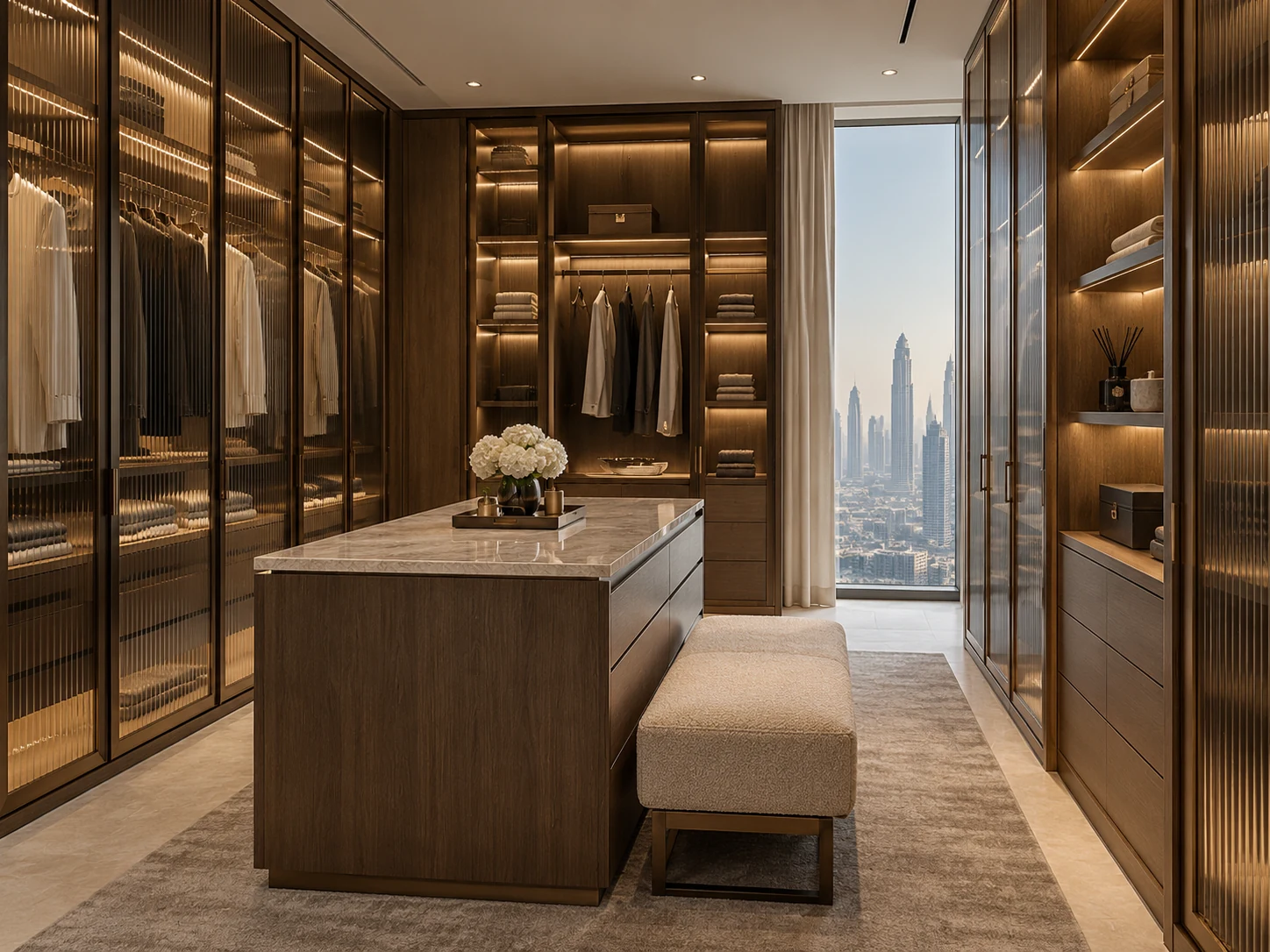 Fitted timber dressing room with integrated lighting