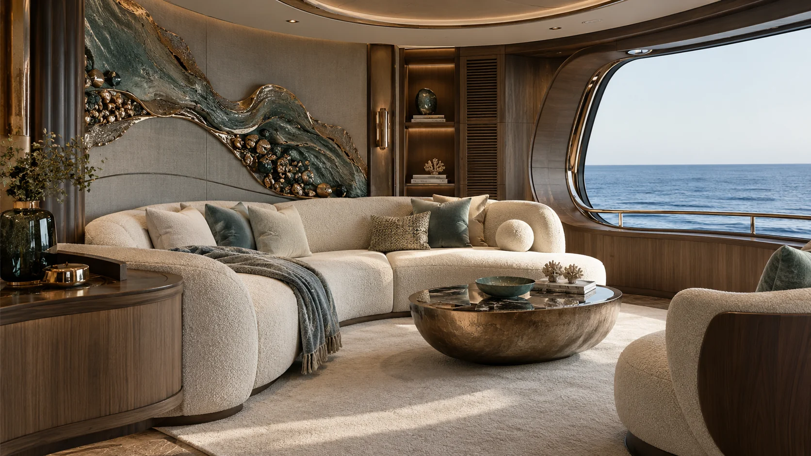 Intimate yacht lounge with a curved sofa and a wave-shaped wall installation