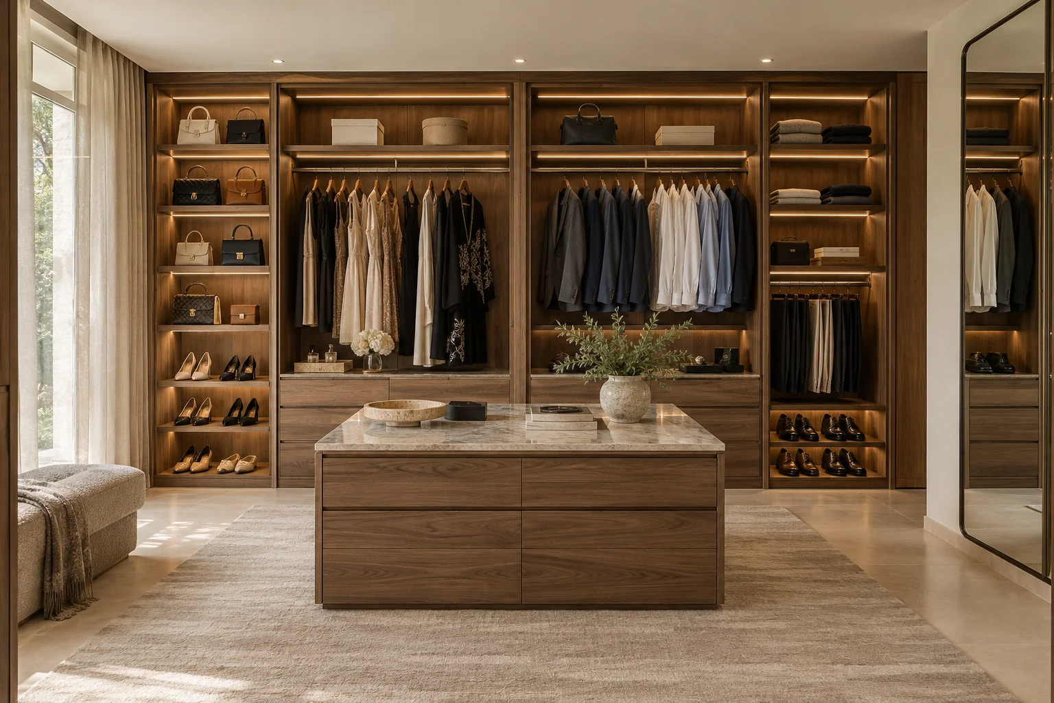 Shared dressing room with divided hanging space and a central island