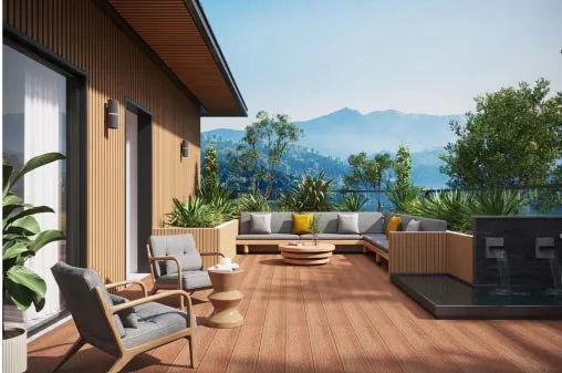 Terrace laid with composite decking and outdoor seating