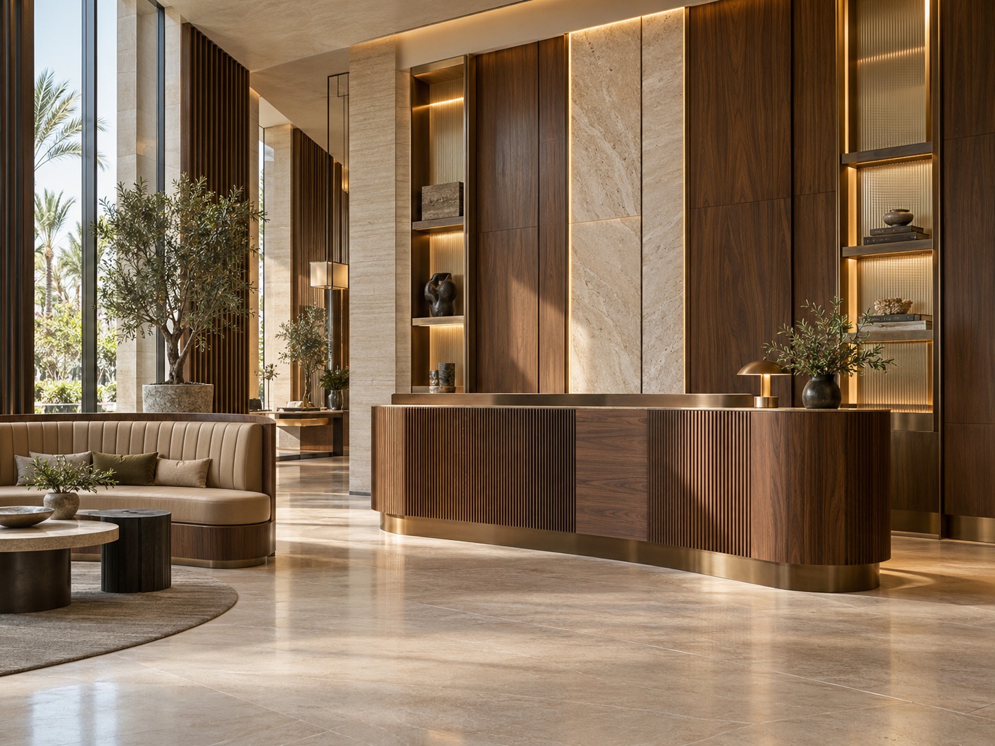 Reception counter with warm timber panelling and integrated lighting