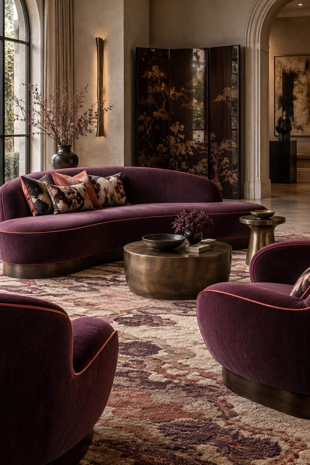 Sitting room with sculptural plum seating and soft wall lighting