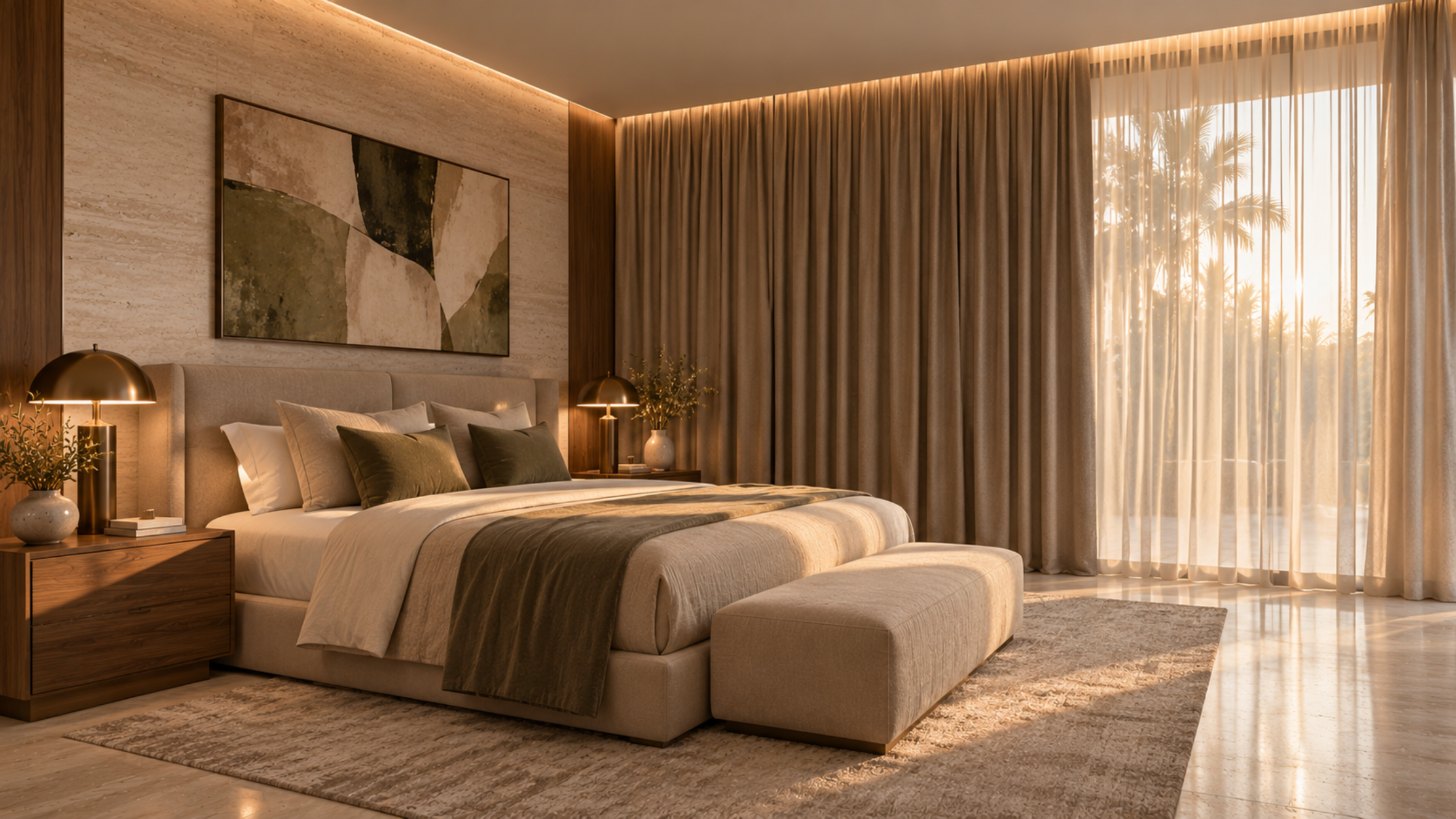Bedroom with sheer and blackout curtains on separate recessed tracks