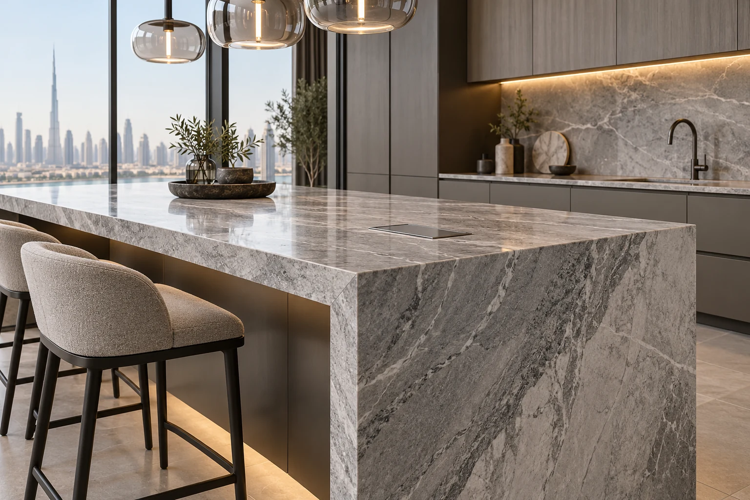 Stone kitchen island design direction with seating, pendants and integrated power