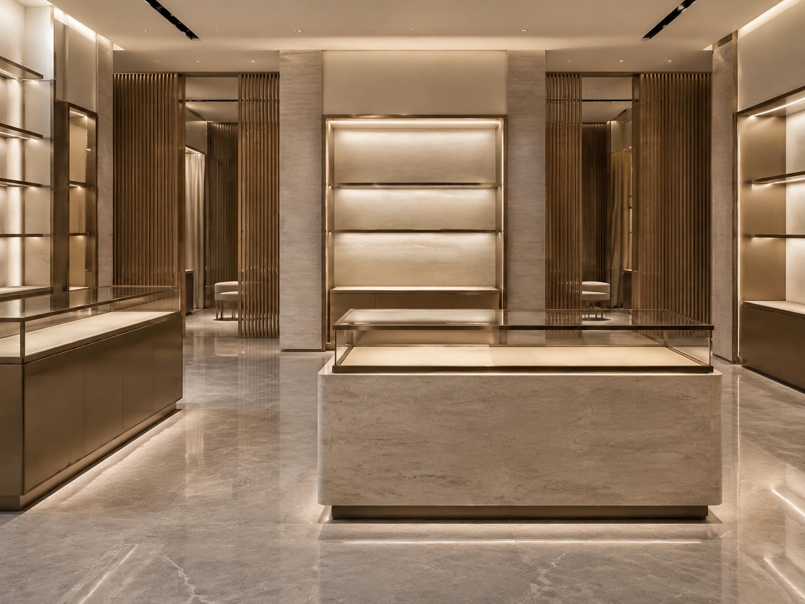 Completed luxury retail interior with bespoke display counters, backlit vitrines and fitting-room screens