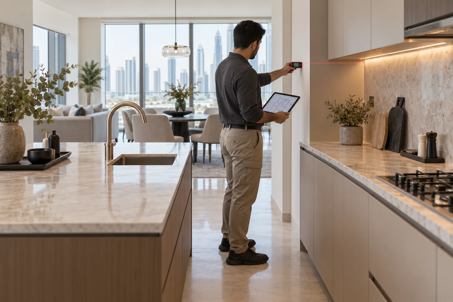 Kitchen coordination concept with a surveyor measuring the room