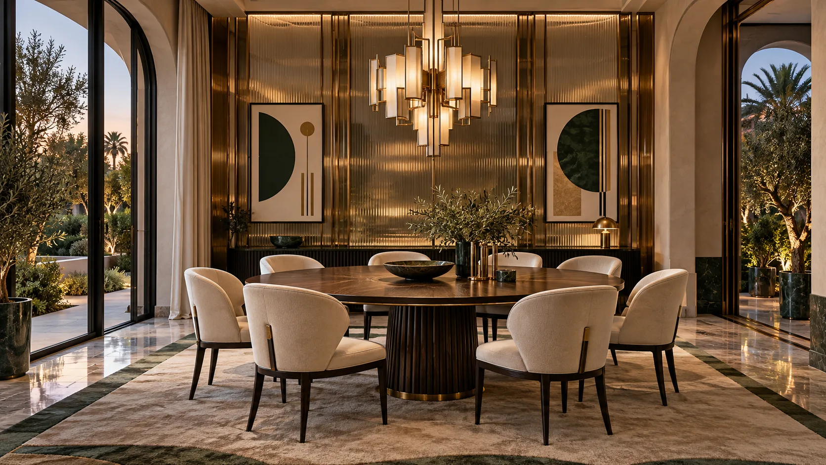 Dining room with a long table, upholstered chairs and pendant lighting