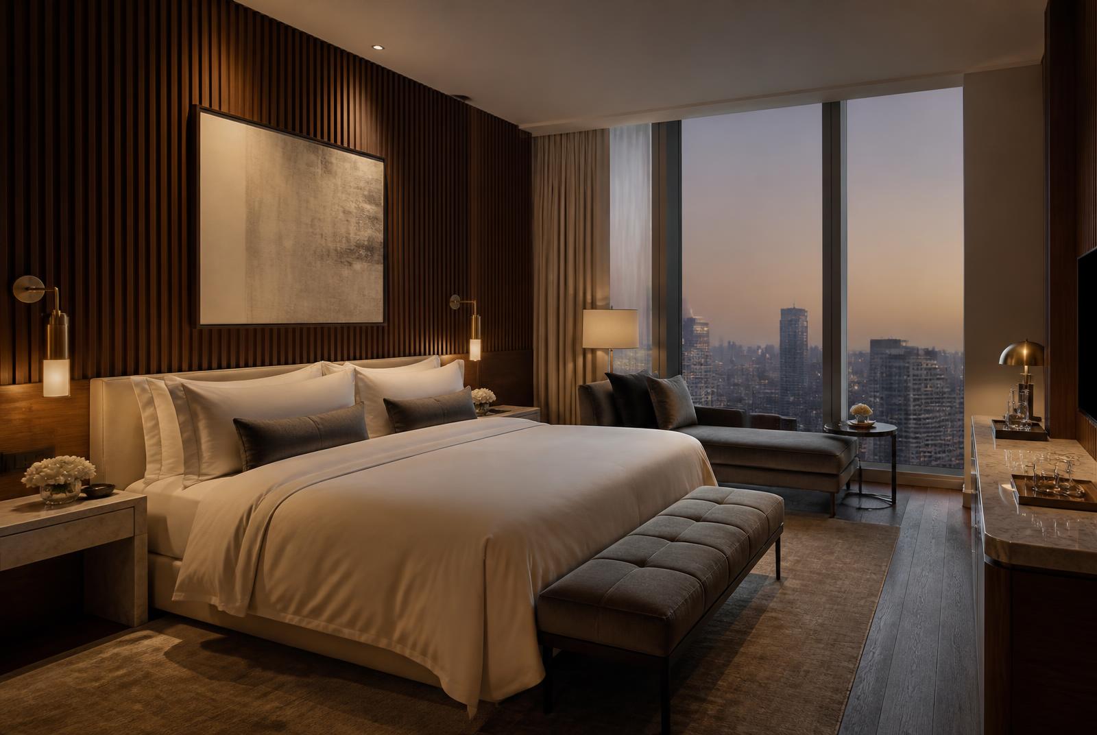 Five-star guest suite with fluted walnut headboard wall and city view at dusk