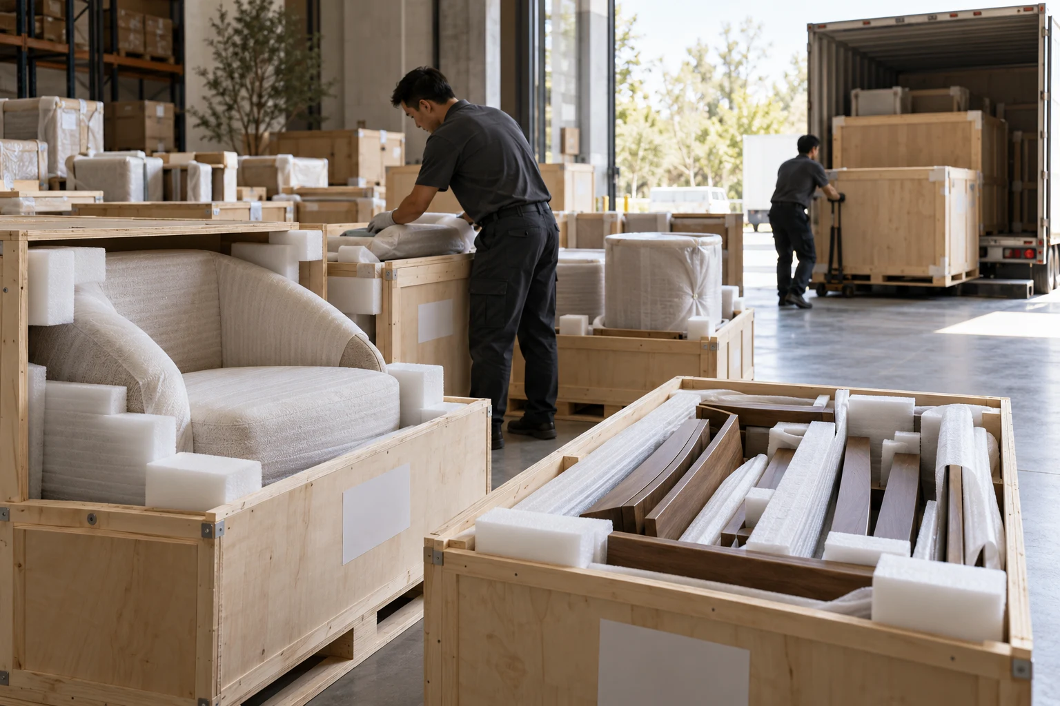 Process concept of upholstered furniture and timber components protected in crates beside a loading truck