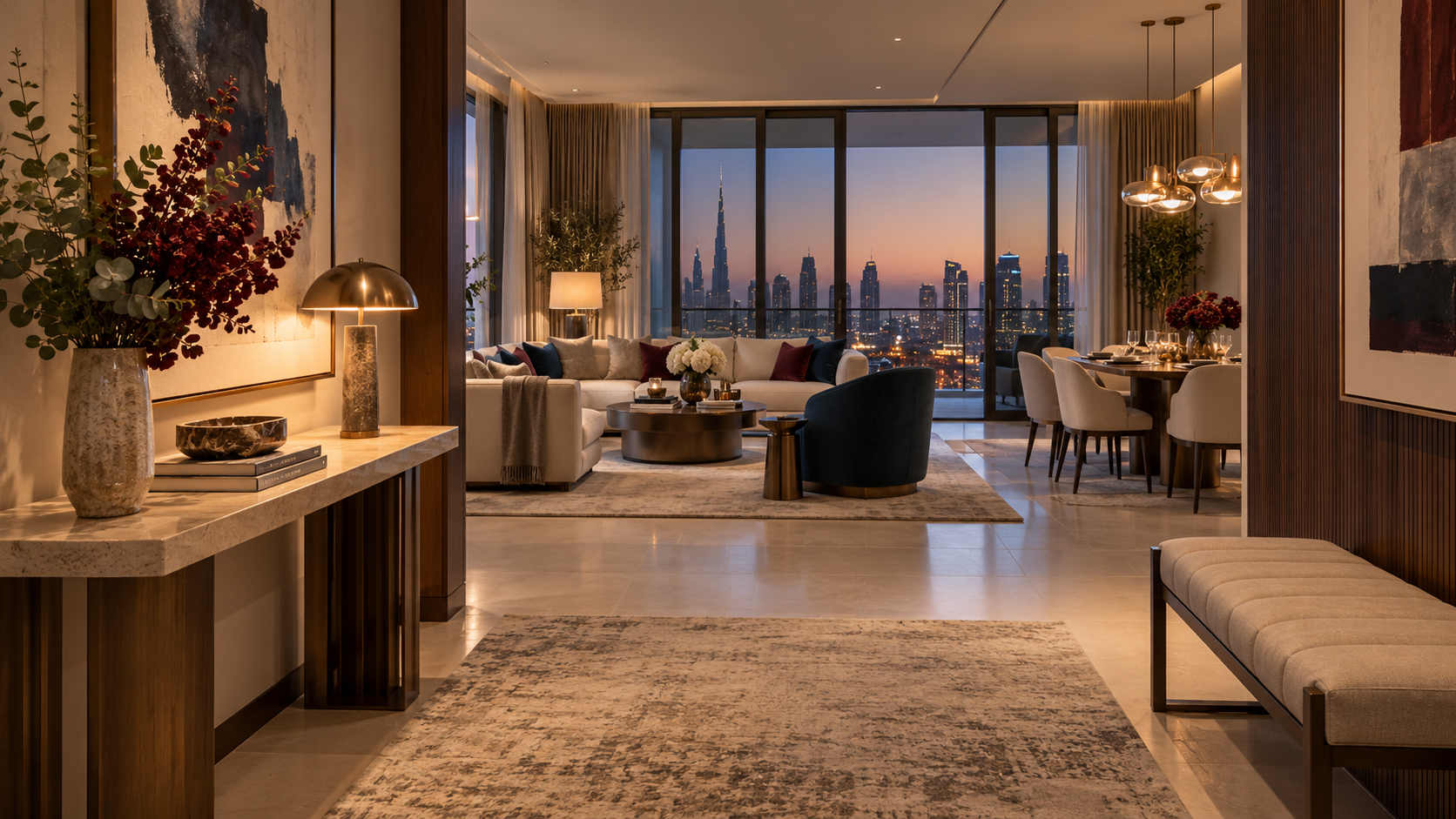 Furnished living room with console and evening lighting