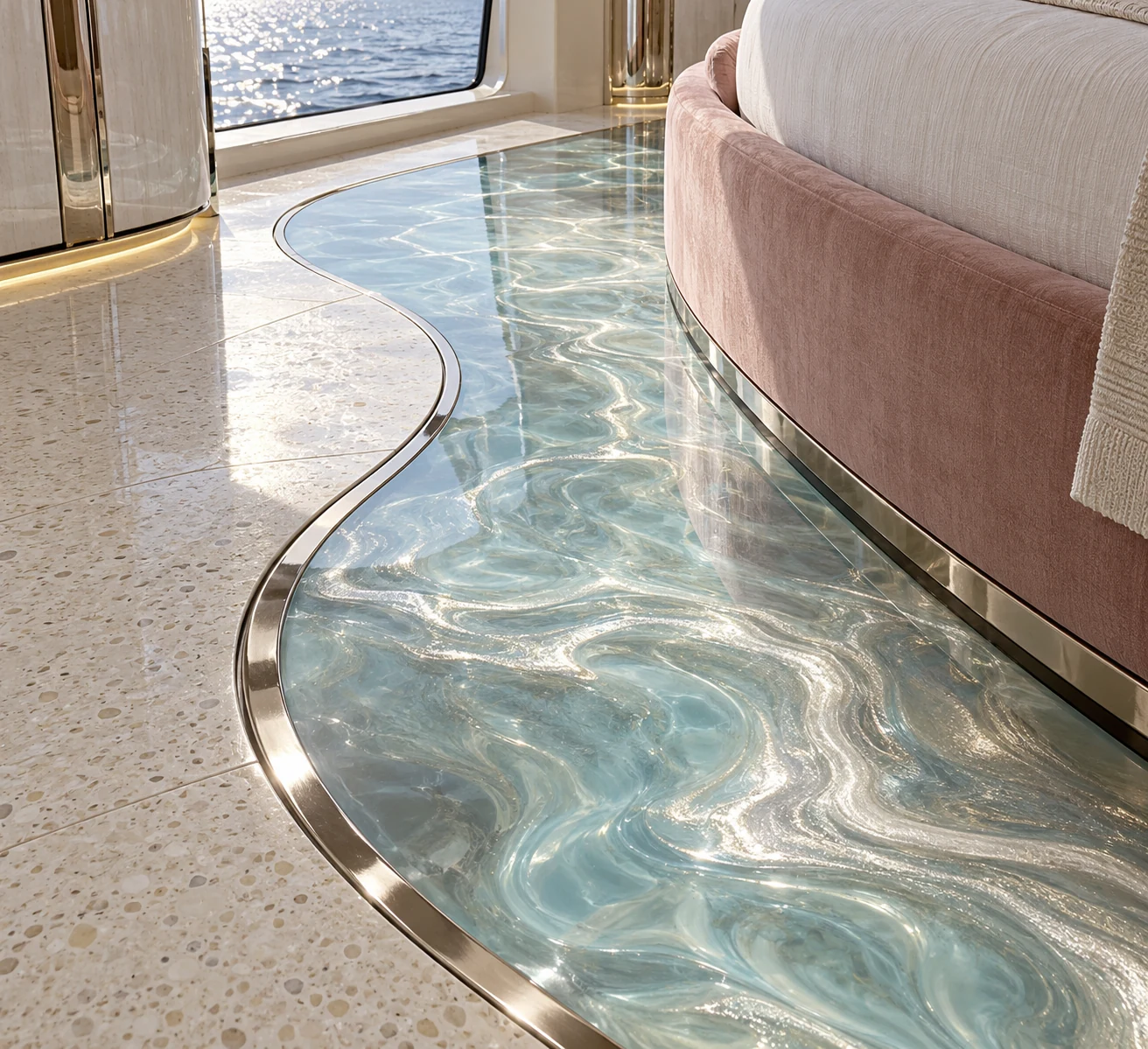 Bespoke aqua floor inlay detail in a yacht interior