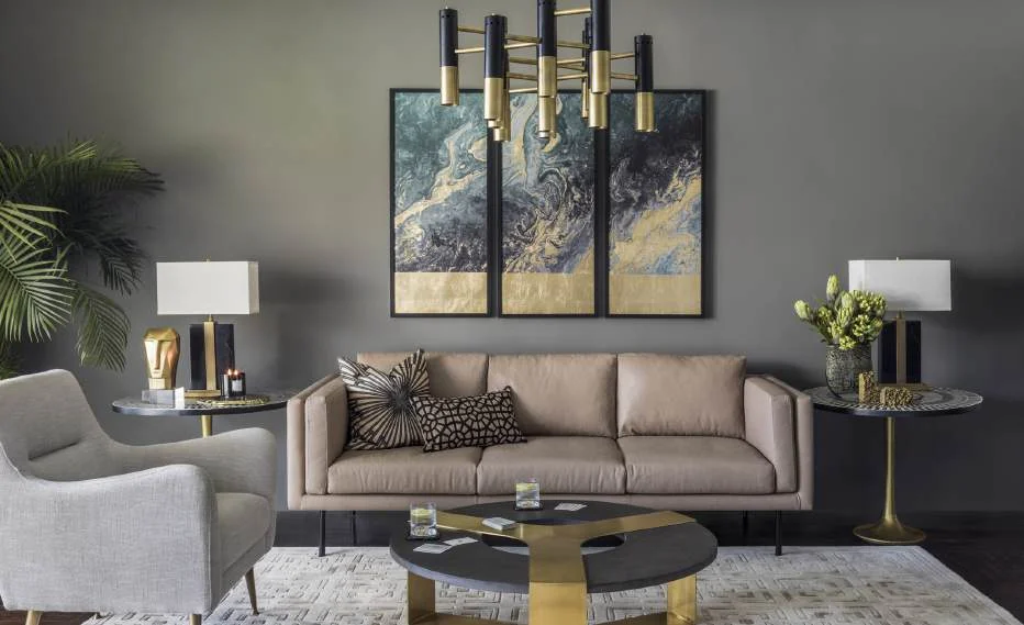 Sofa, lounge chair and occasional tables in a coordinated living area