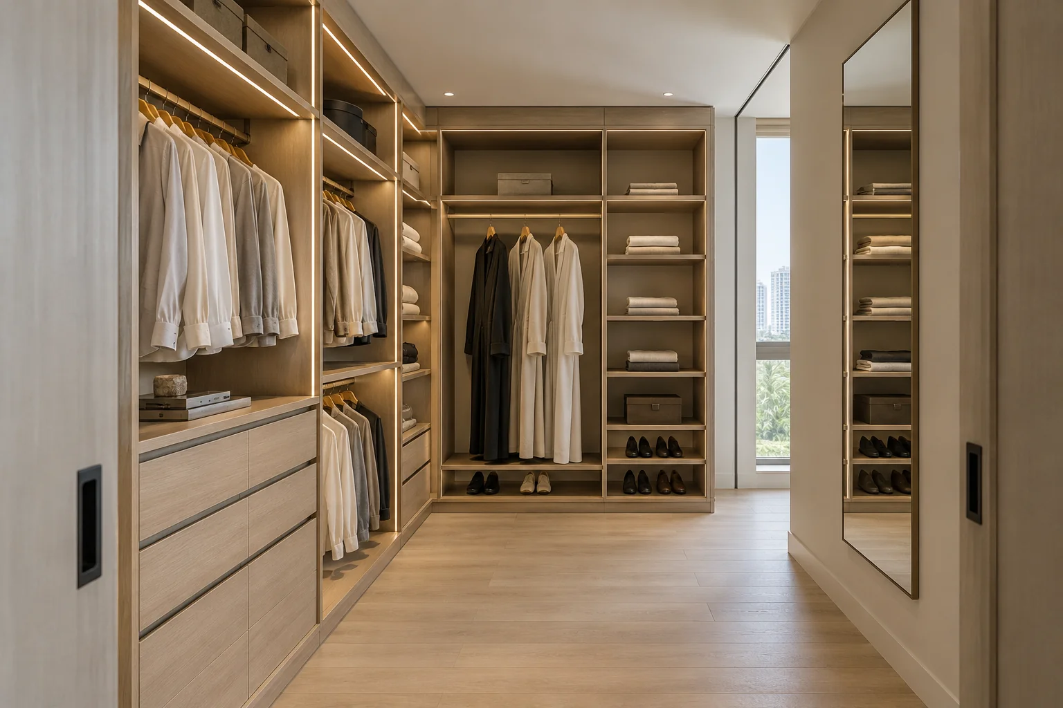 Compact oak walk-in with hanging rails, drawers and shoe shelves