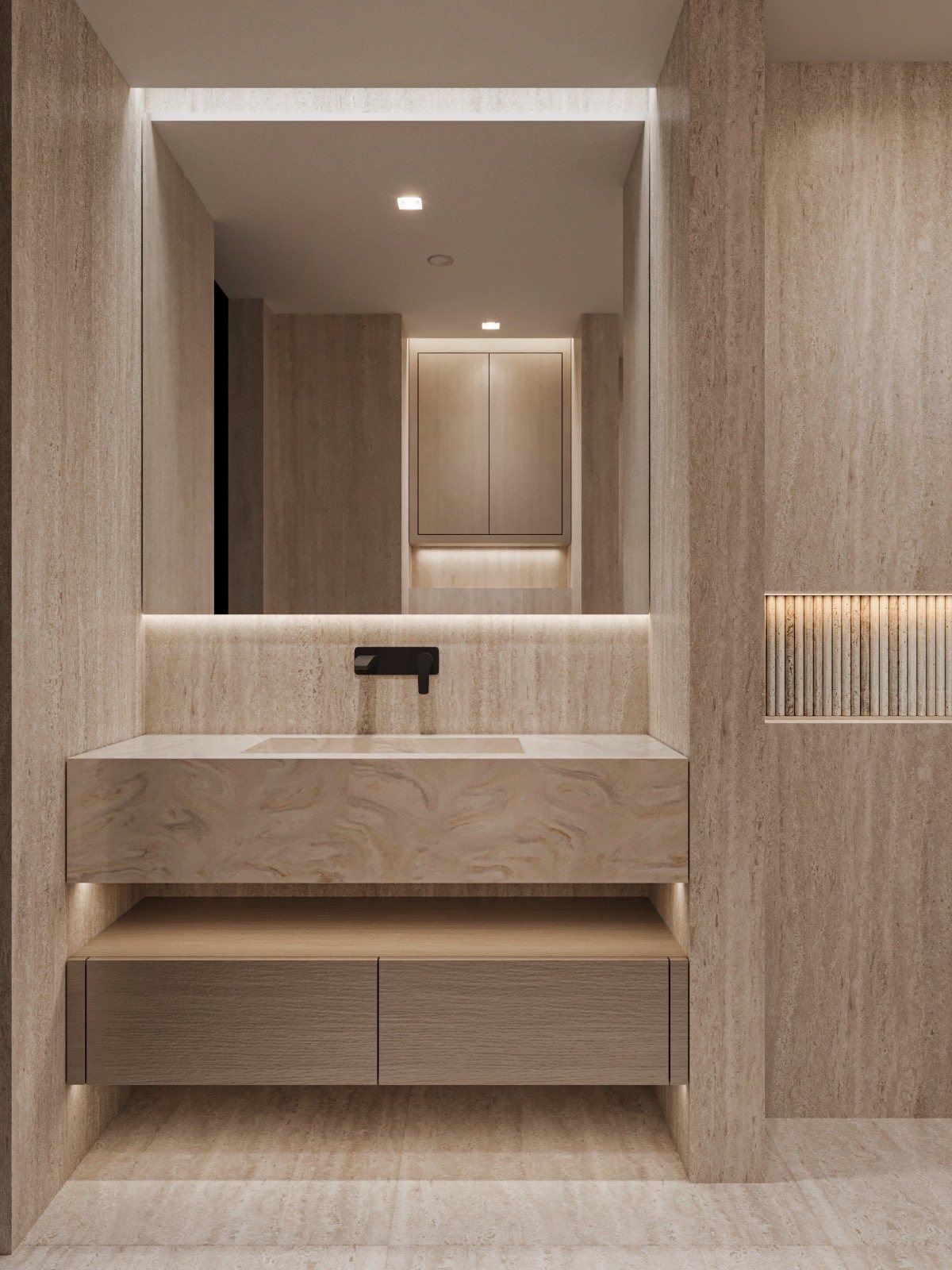 Stone vanity and wall scheme for a compact washroom (Design visualisation)