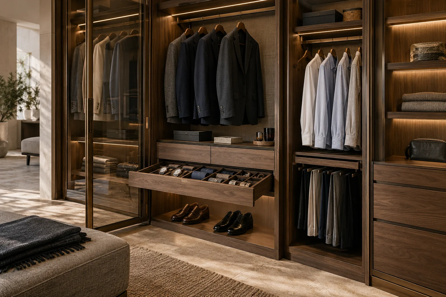 Walnut hanging rails, watches, folded tailoring and shoe storage