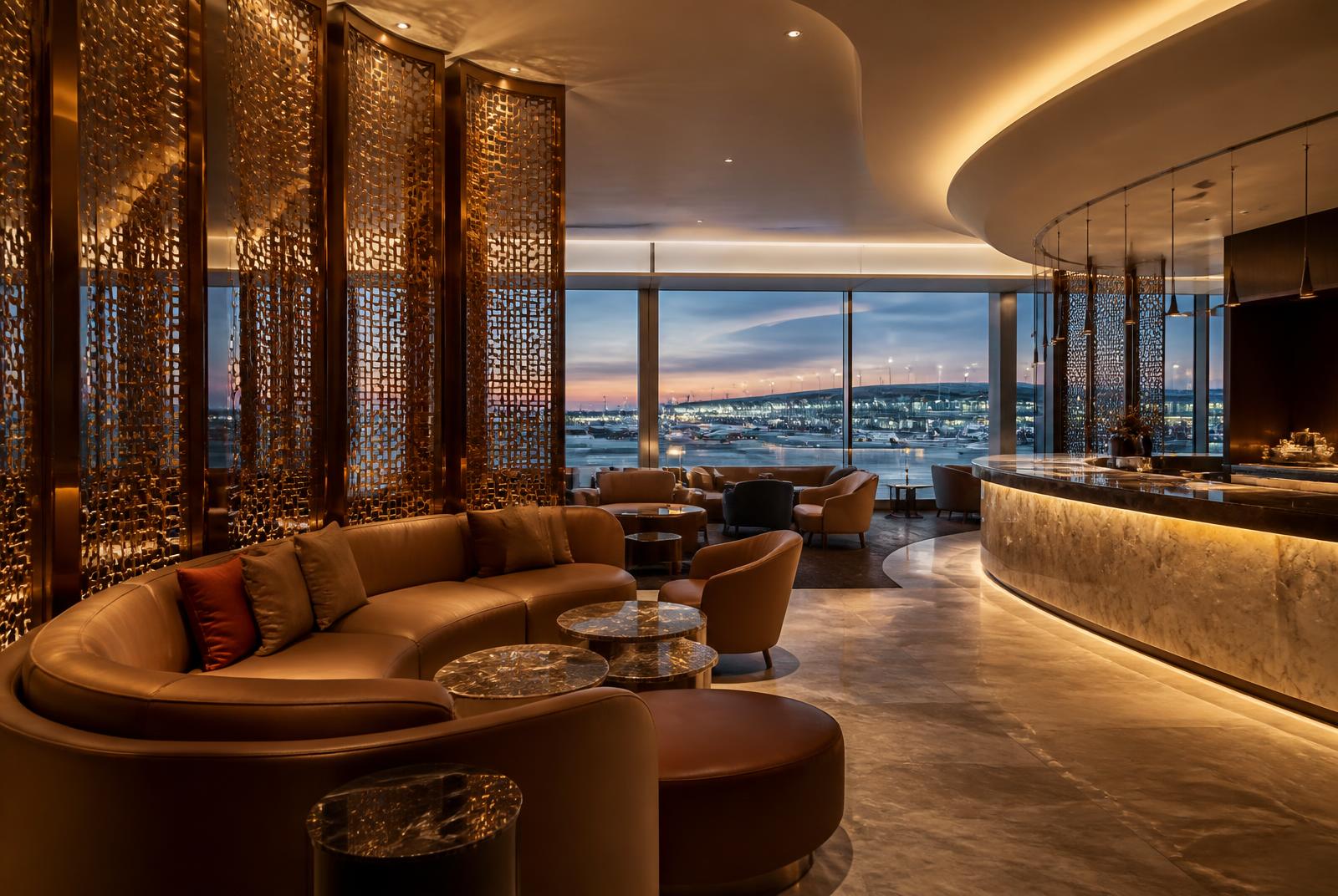 First-class airport lounge with bronze screens, curved leather seating and marble bar