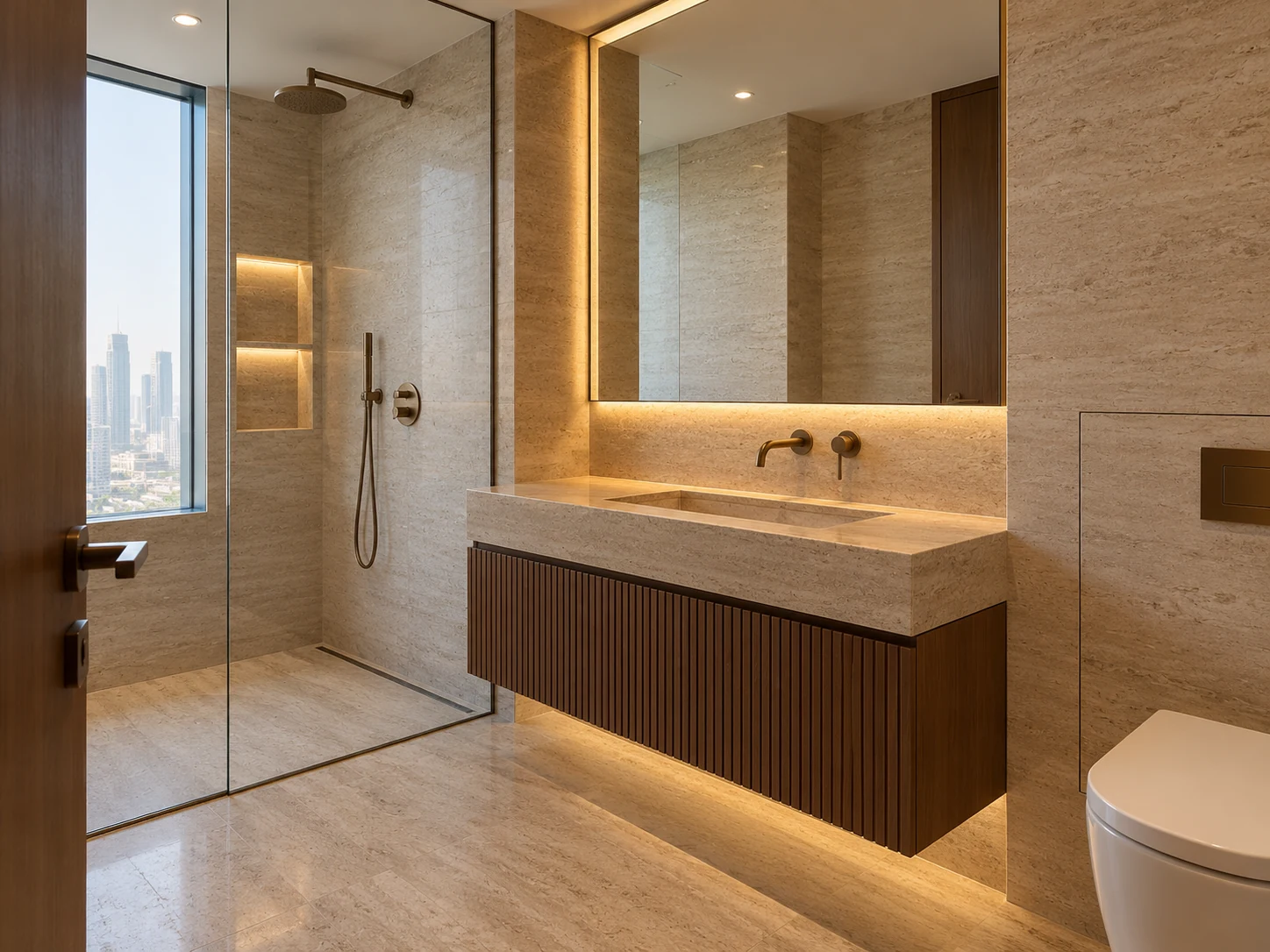 Stone bathroom with fitted timber vanity and recessed lighting