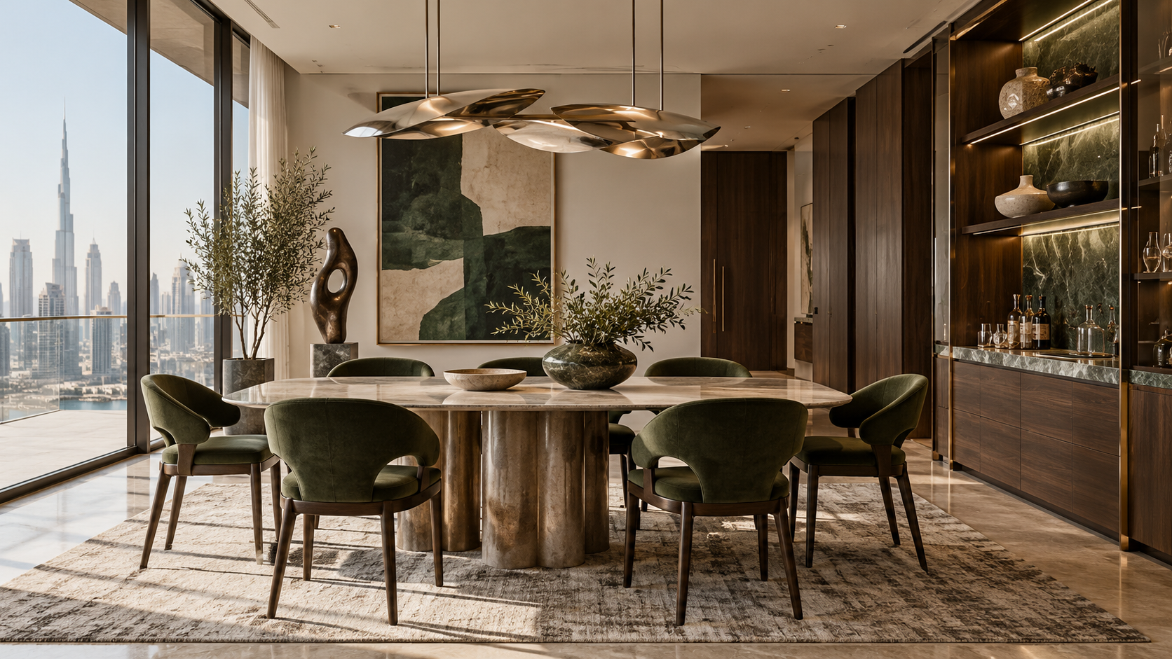 Dining room with stone table and display cabinetry
