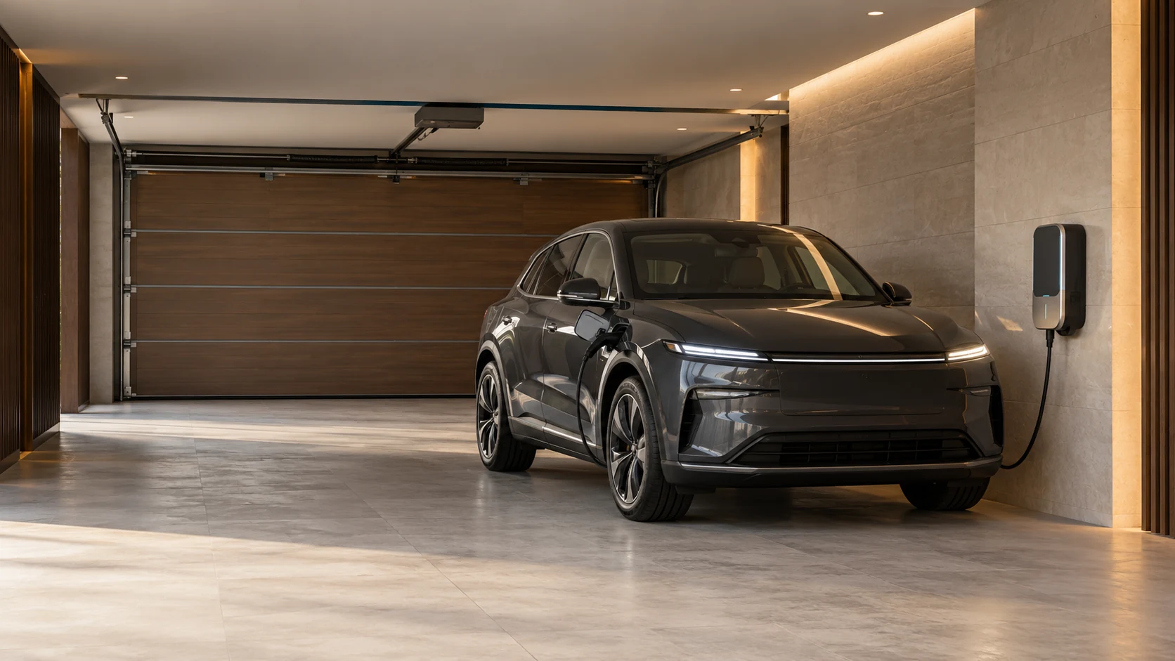 Dark electric SUV charging from a wall-mounted charger inside an enclosed villa garage with a timber sectional door