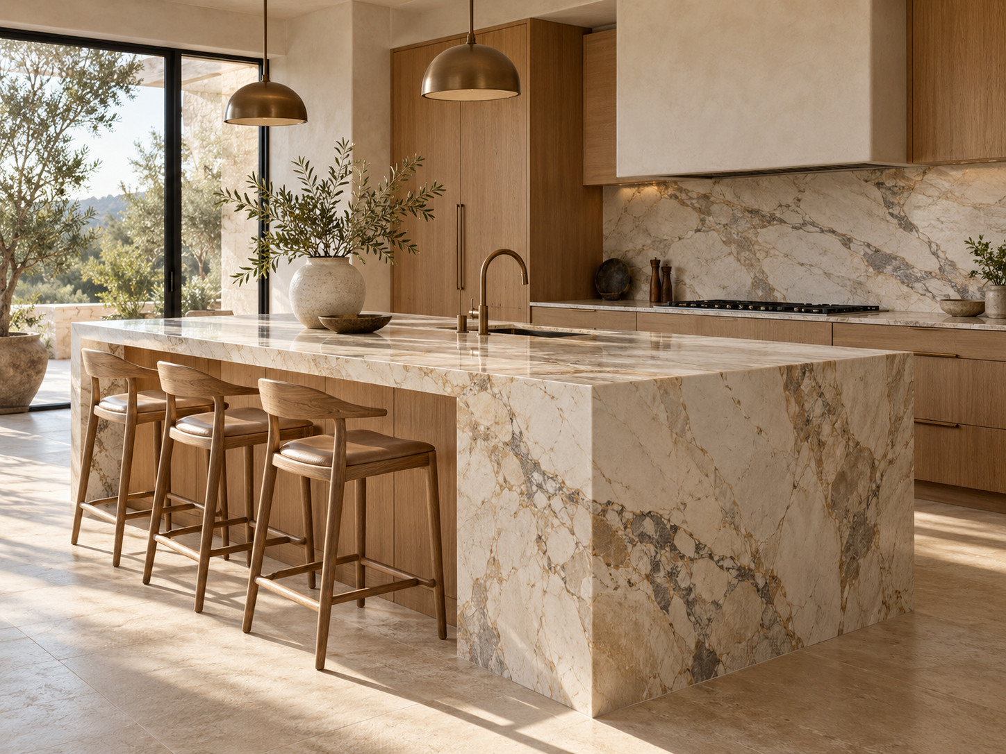 Design concept of a kitchen with a waterfall stone island