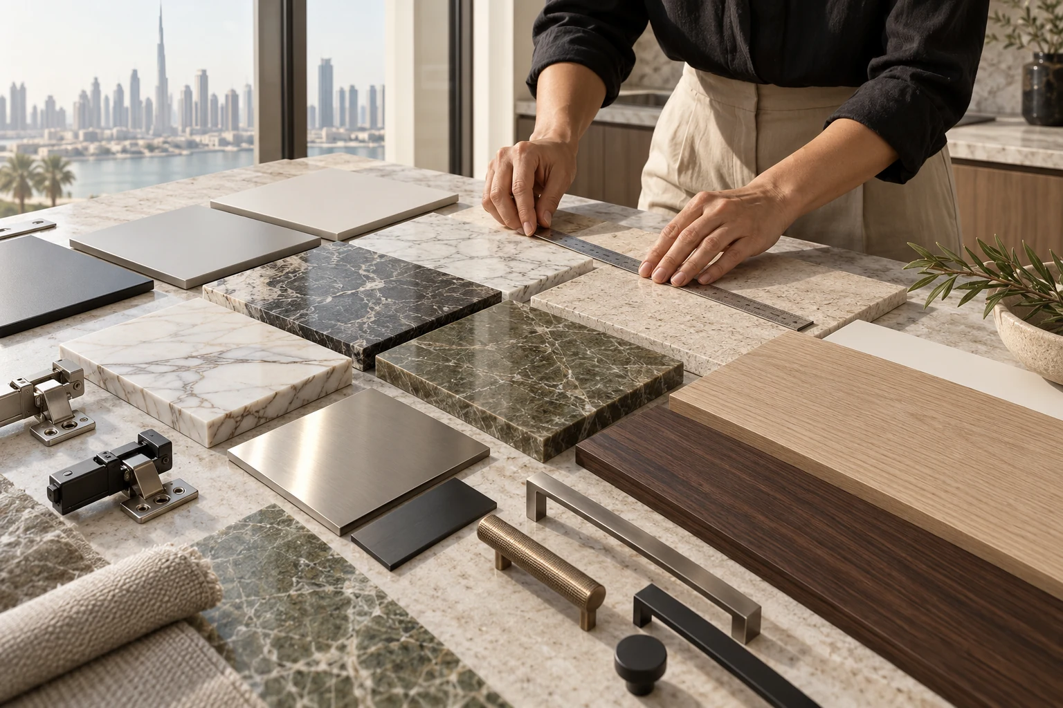 Kitchen material design direction with stone, timber, metal and hardware samples