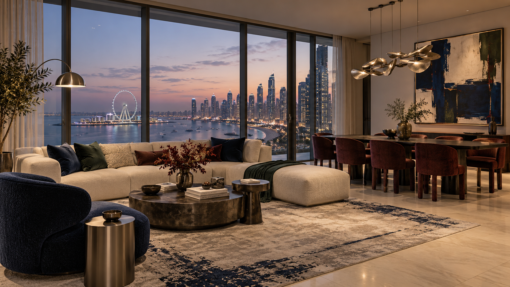 Living and dining room with layered seating and evening lighting