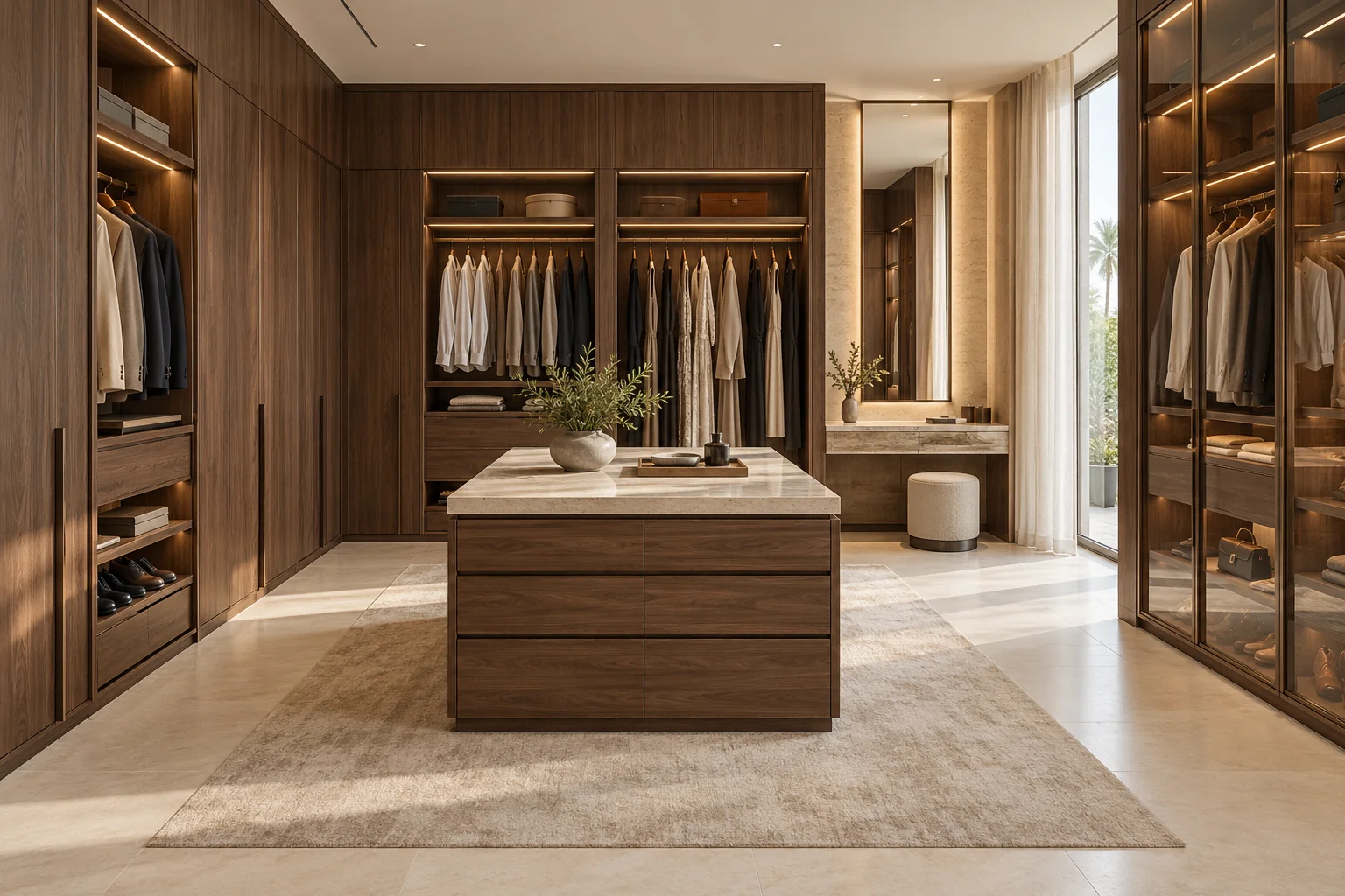 Walnut dressing room with an island, glass doors and illuminated storage