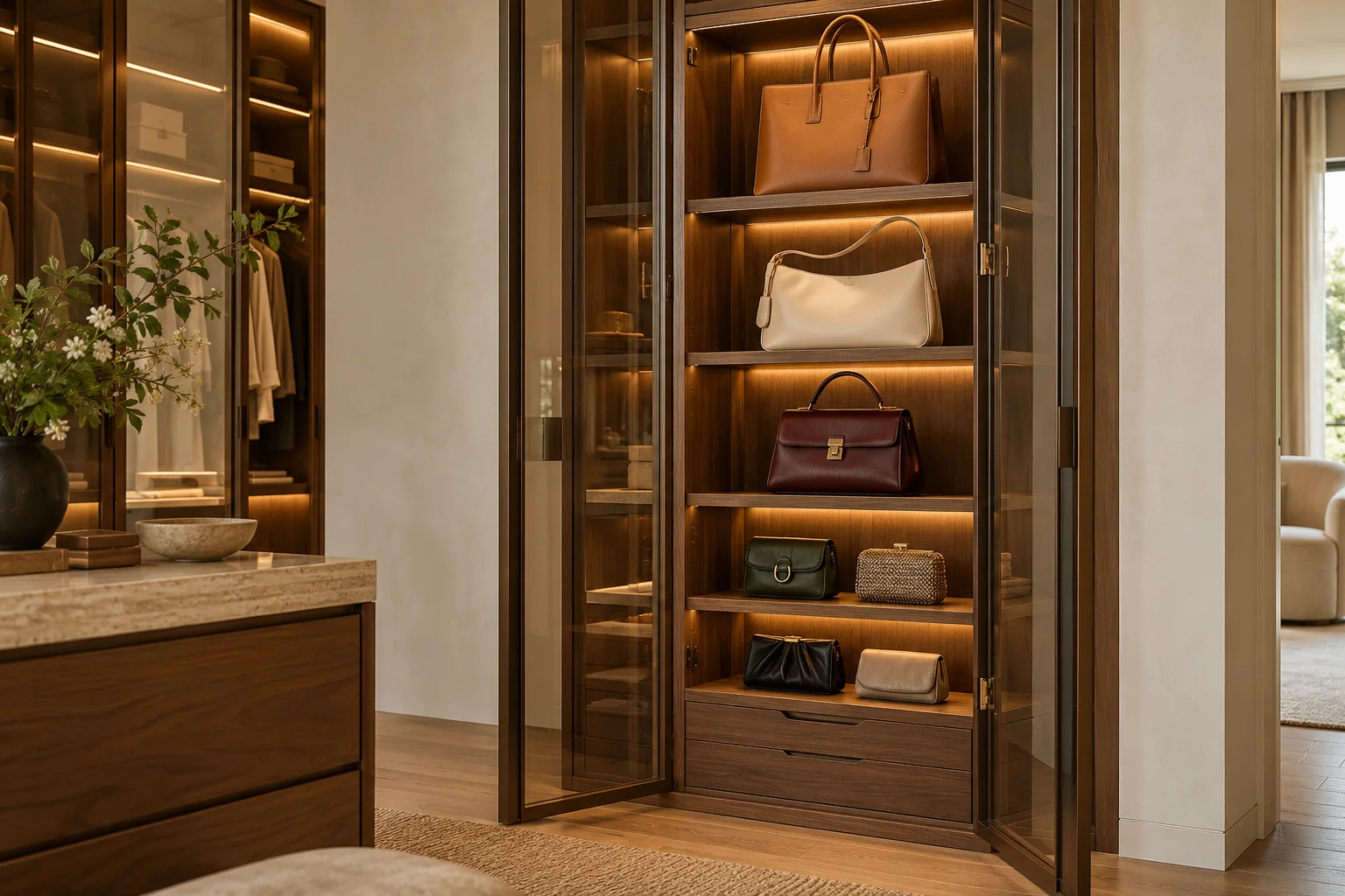 Illuminated shelves and glass-fronted storage for handbags