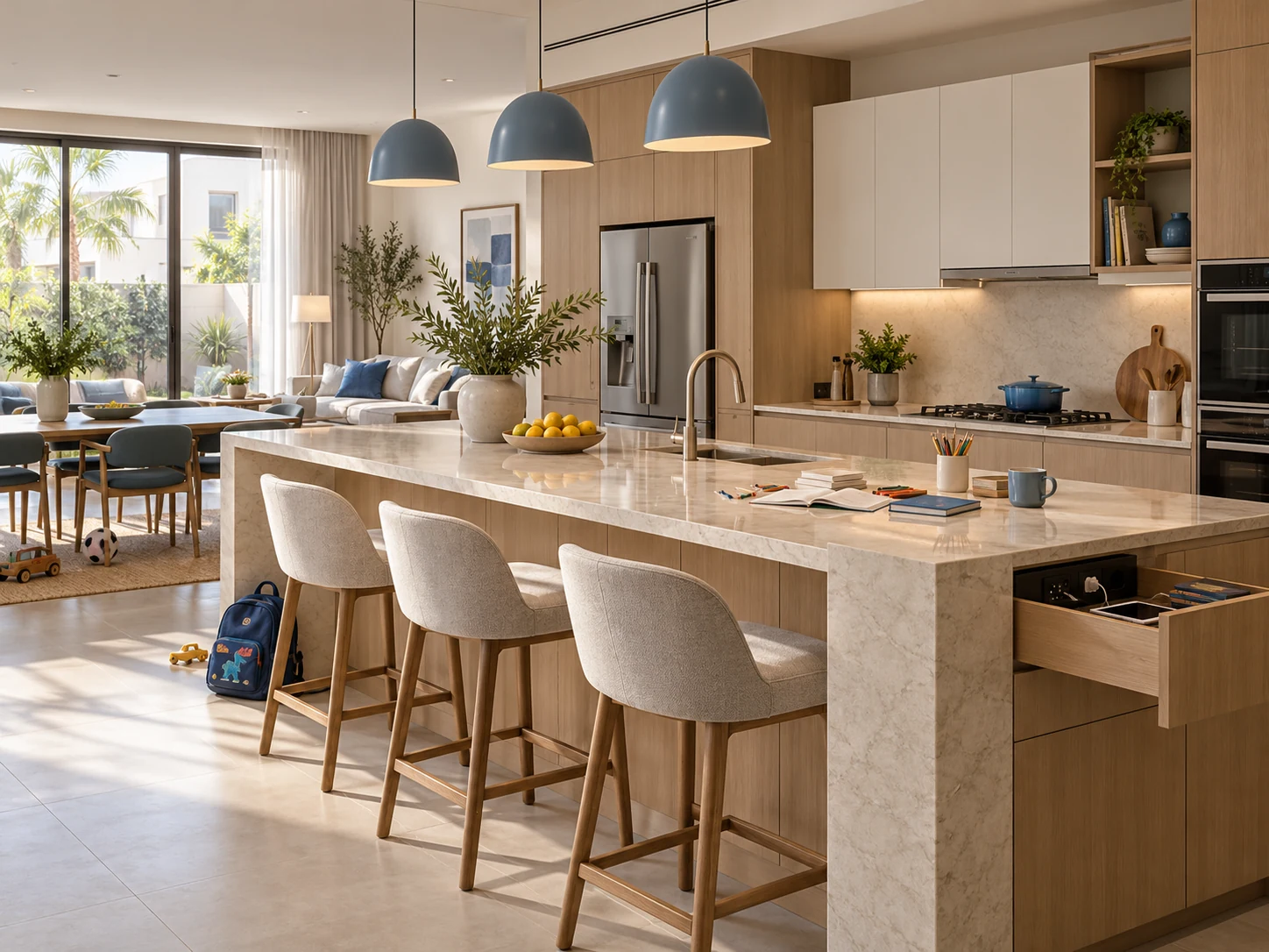Family kitchen design direction with breakfast island and fitted storage