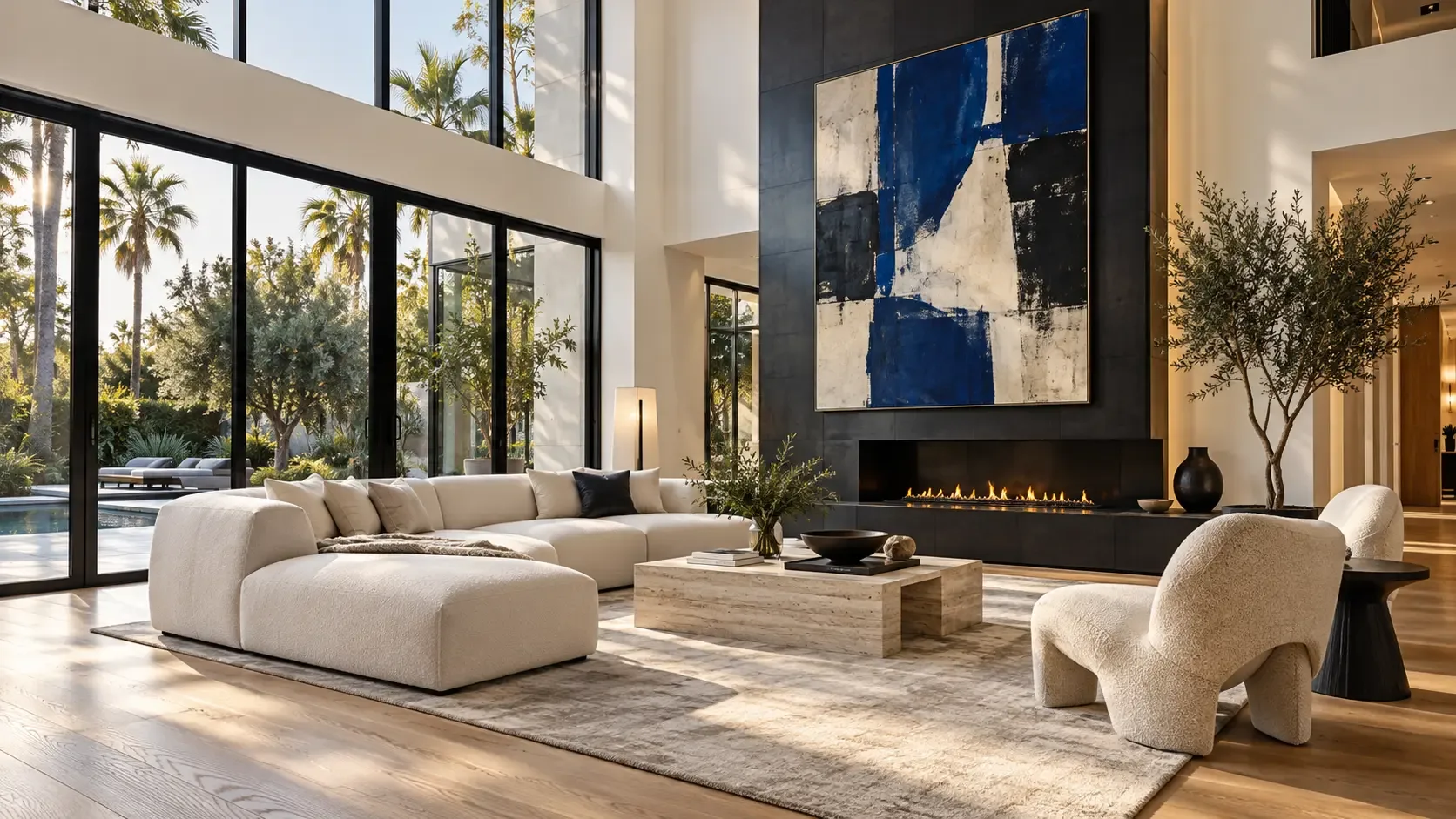 Living room with layered seating, artwork and a large window
