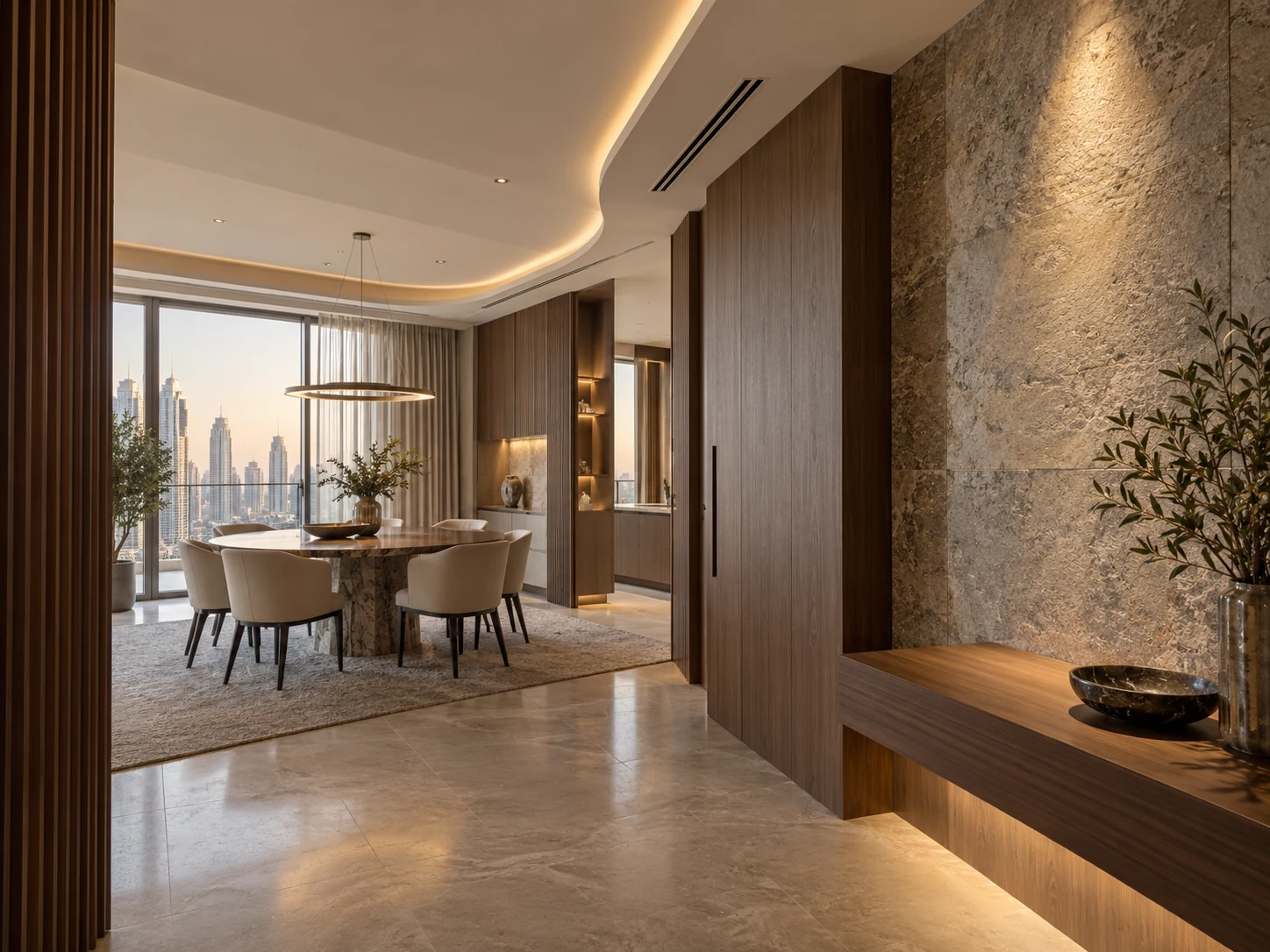 Dining and entrance space with curved ceiling, recessed lighting and air-conditioning slot