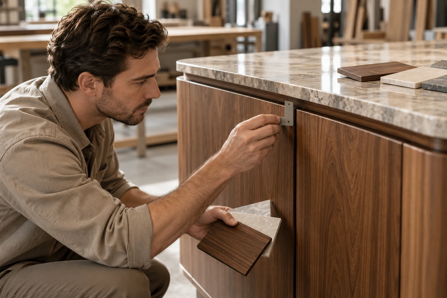 Process concept of a cabinet joint being measured beside timber and stone finish samples