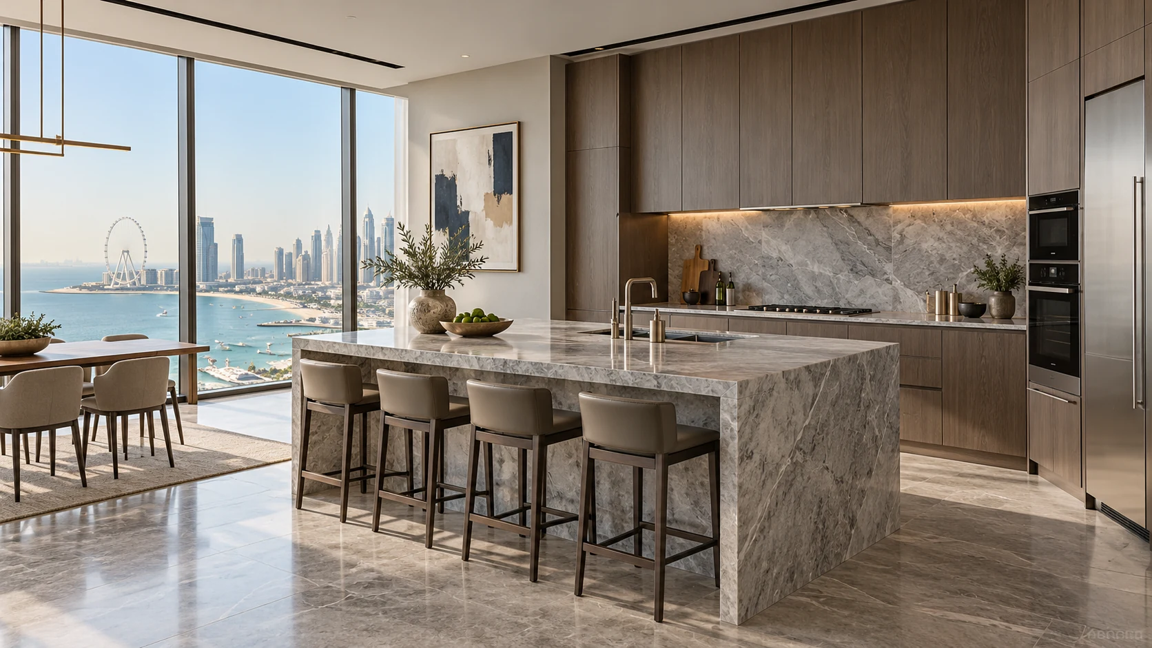 Contemporary penthouse kitchen design direction with stone island, warm timber joinery and Dubai waterfront view