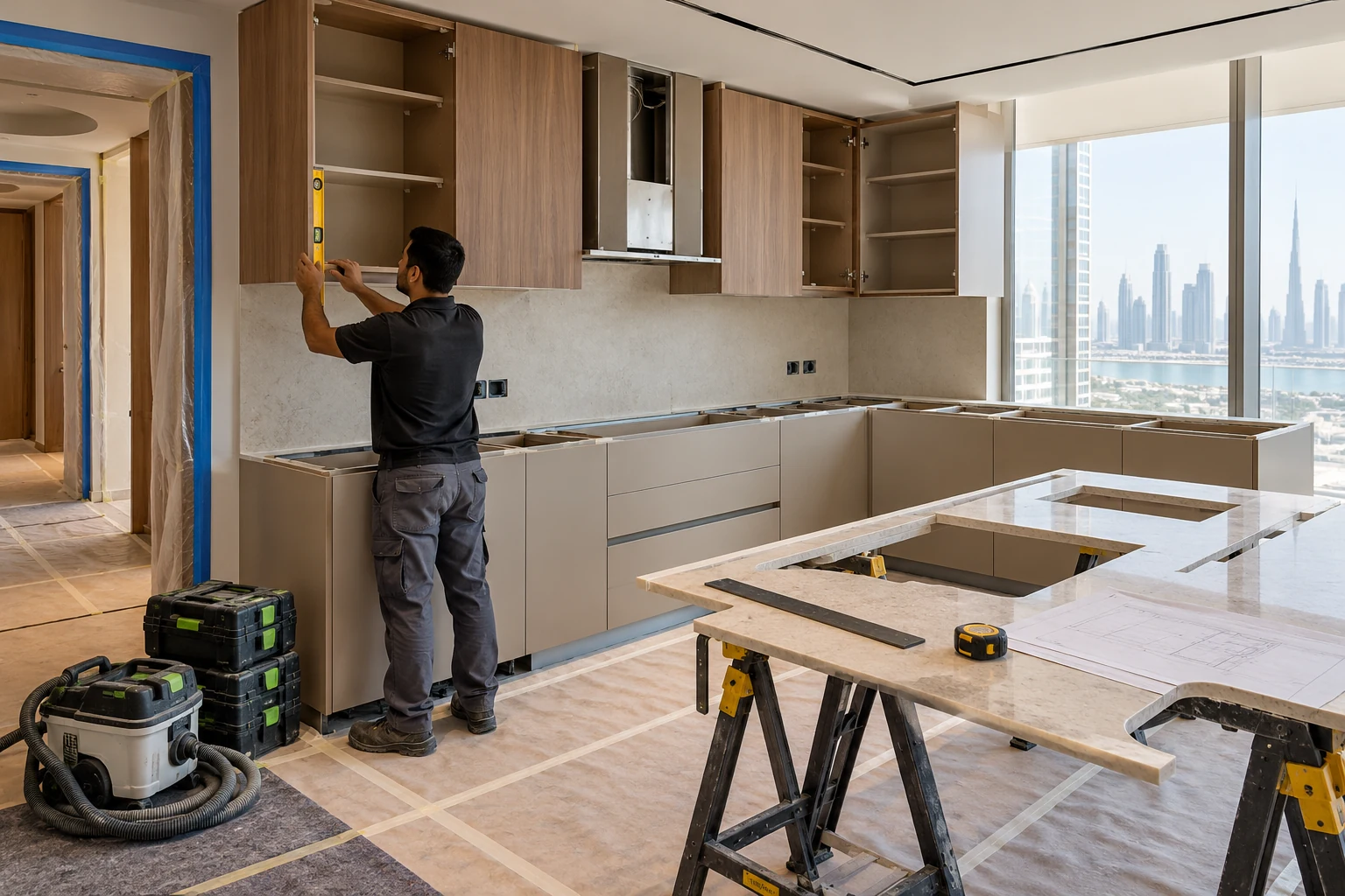 Kitchen installation coordination concept with floor protection and cabinetry checks