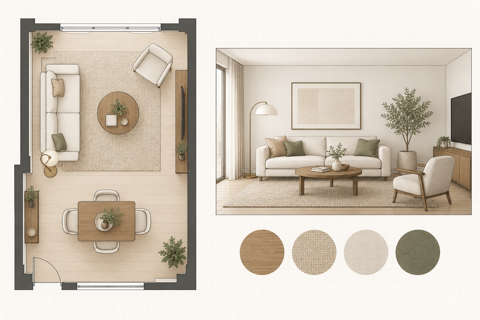 Conceptual living room furniture layout, interior view and neutral finish palette