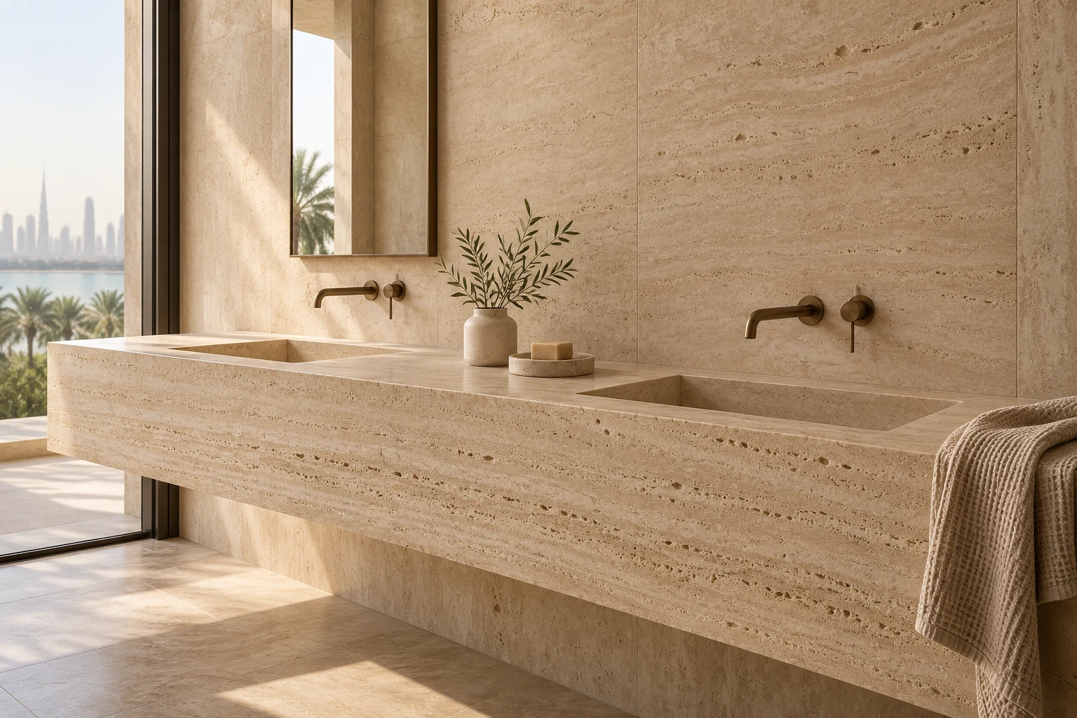 Stone double vanity with mirror lighting and storage below