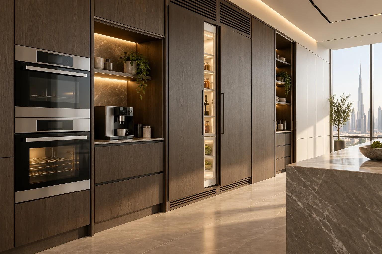 Appliance wall design direction with ovens, refrigeration and a coffee niche