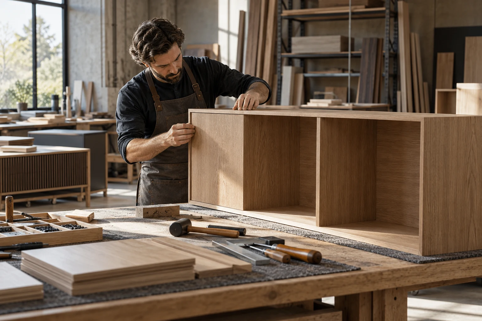 Process concept of a joiner aligning a timber cabinet panel at a workbench