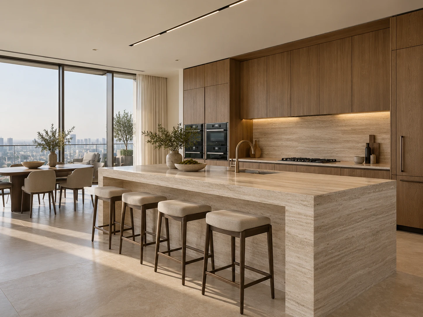 Honed stone kitchen island with oak cabinetry