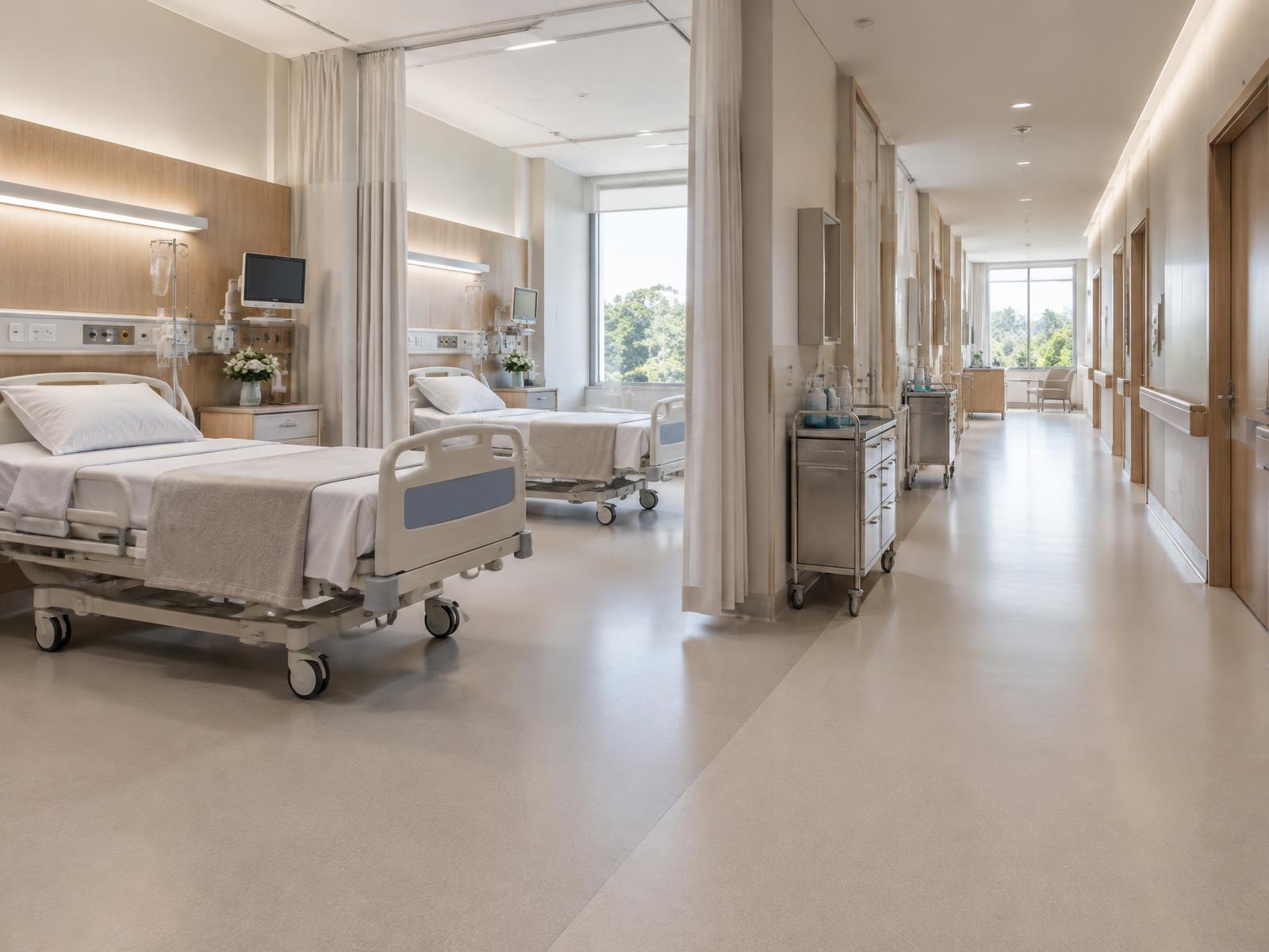 Completed hospital ward with beds, service panels, clinical storage and trolleys in place